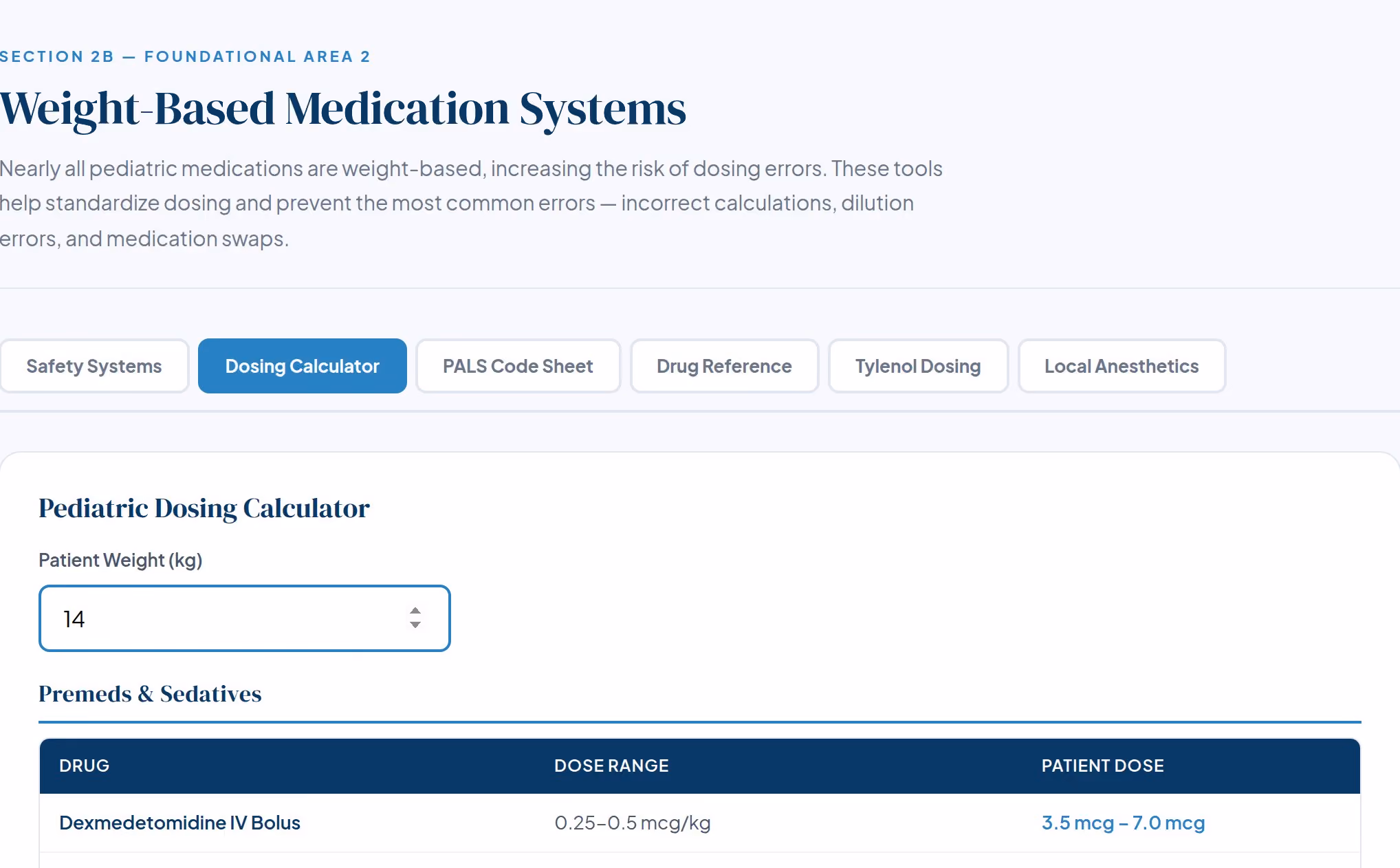 The pediatric dosing calculator on hereiam.med: a weight is typed in and each drug's dose fills in beside its range