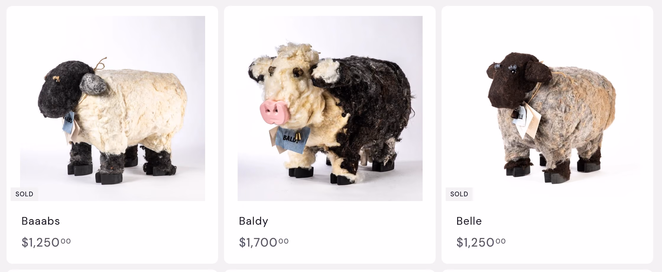 MoMo Farm Stools: three handmade felted stools in a product grid, Baaabs and Belle marked sold, Baldy at $1,700